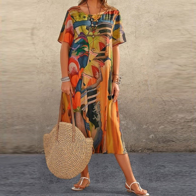Lidia – Buntes Midikleid mit kurzen Ärmeln