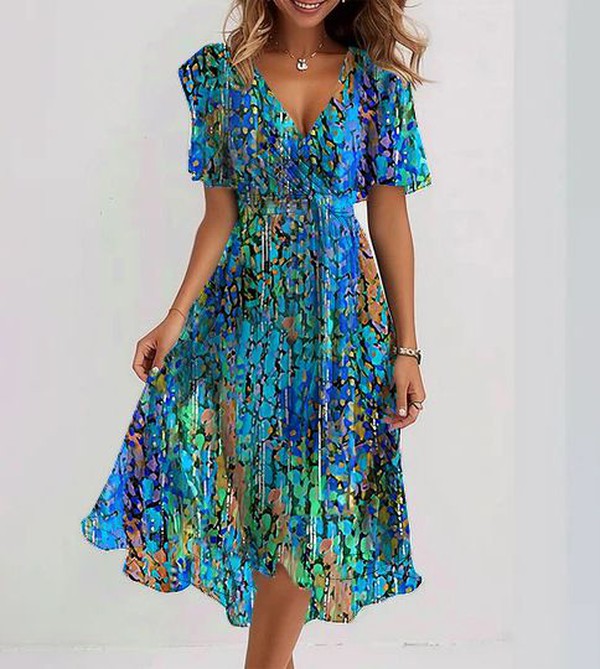 Elise – Blaues Midi-Kleid mit Kurzen Ärmeln