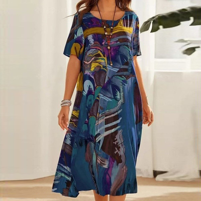 Lidia – Buntes Midikleid mit kurzen Ärmeln