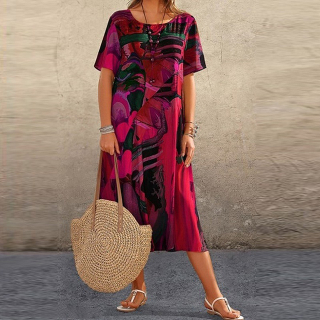 Lidia – Buntes Midikleid mit kurzen Ärmeln